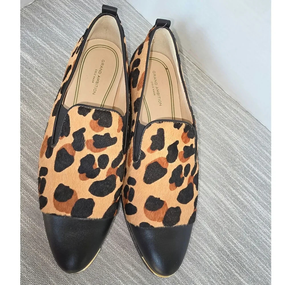 Cole Haan Grand Ambition Slip-on Loafers Leopard Print Calf Hair Leather Toe Cap